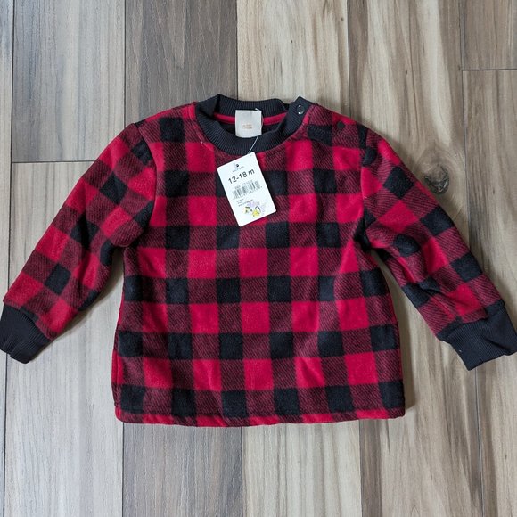 NWT JOE FRESH Baby Boys Fleece Top Red Plaid Check Neck Cardigan 12-18 M… - Picture 1 of 5